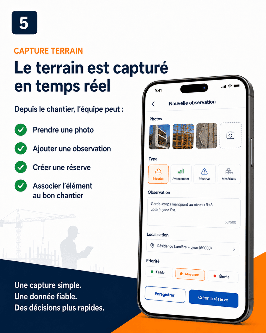 Field capture: photos, observations and snags in real time